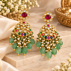 Moissanite Kundan statement earrings with green bead and pearl drops