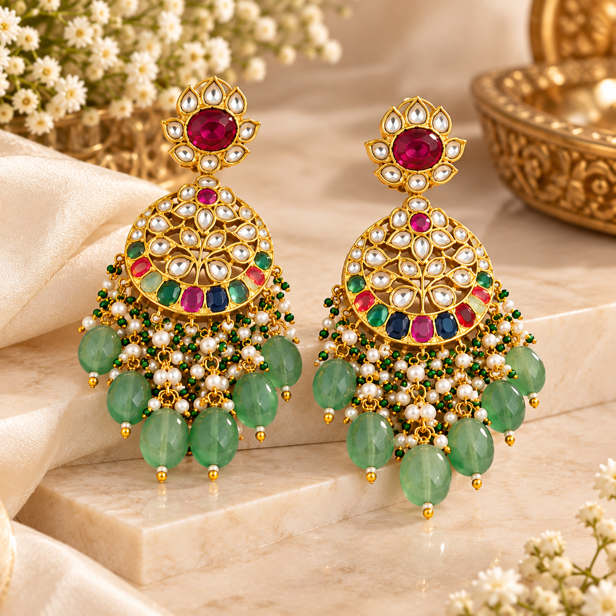 Moissanite Kundan statement earrings with green bead and pearl drops