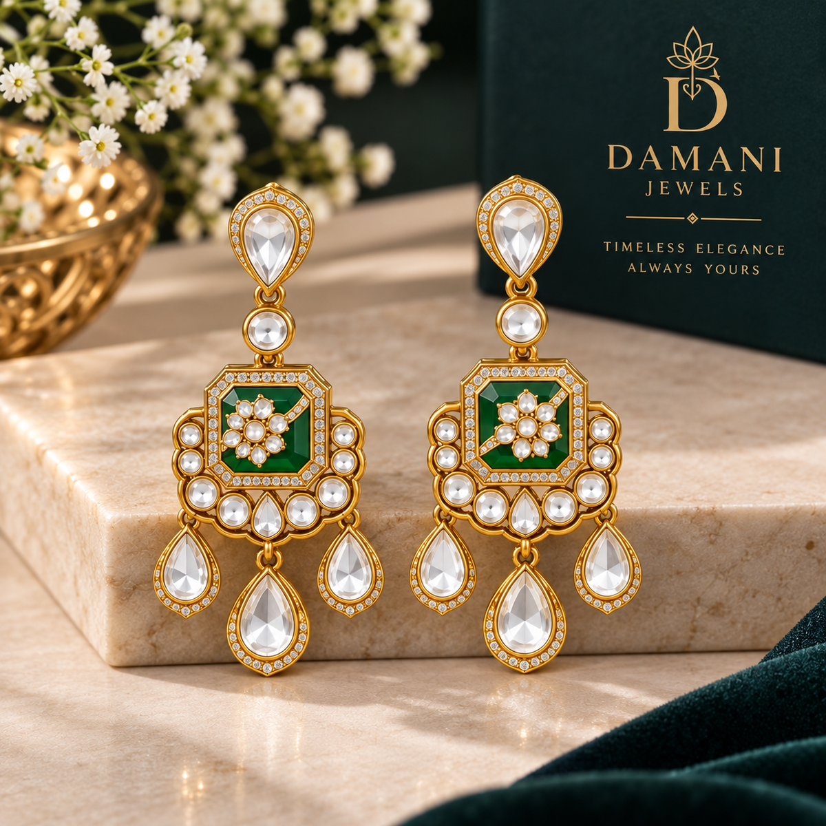 Damani Jewels green Moissanite Kundan necklace set with earrings
