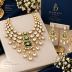 Green Moissanite Kundan necklace set with matching chandelier earrings by Damani Jewels