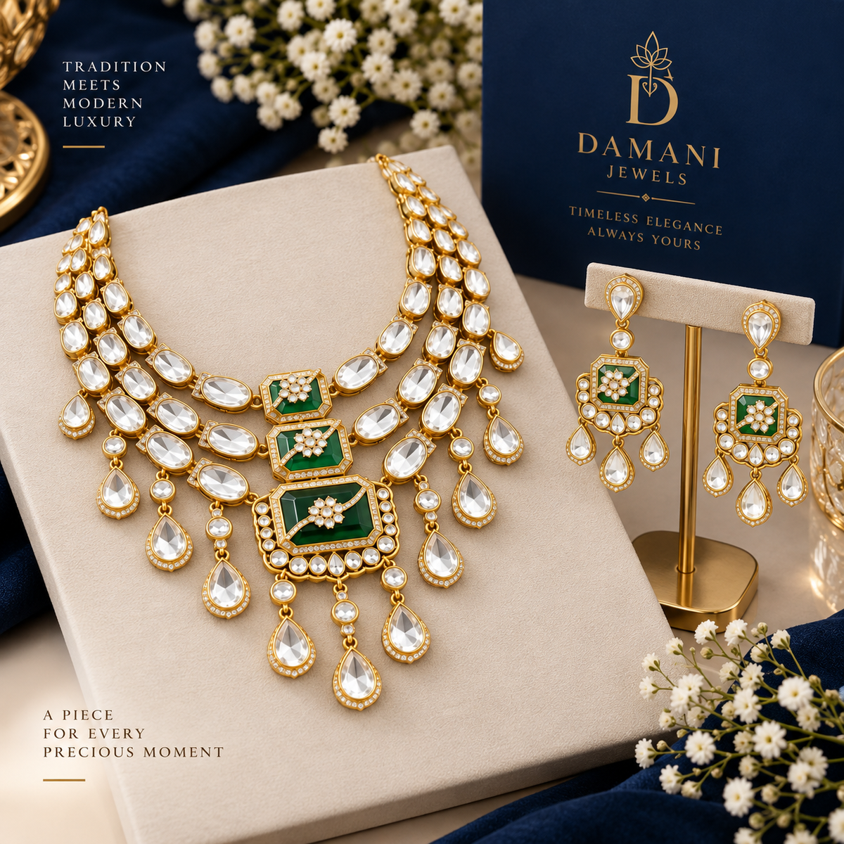 Green Moissanite Kundan necklace set with matching chandelier earrings by Damani Jewels