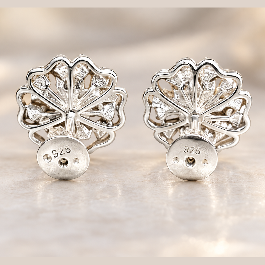 Back view of 925 sterling silver floral filigree stud earrings with 925 stamp