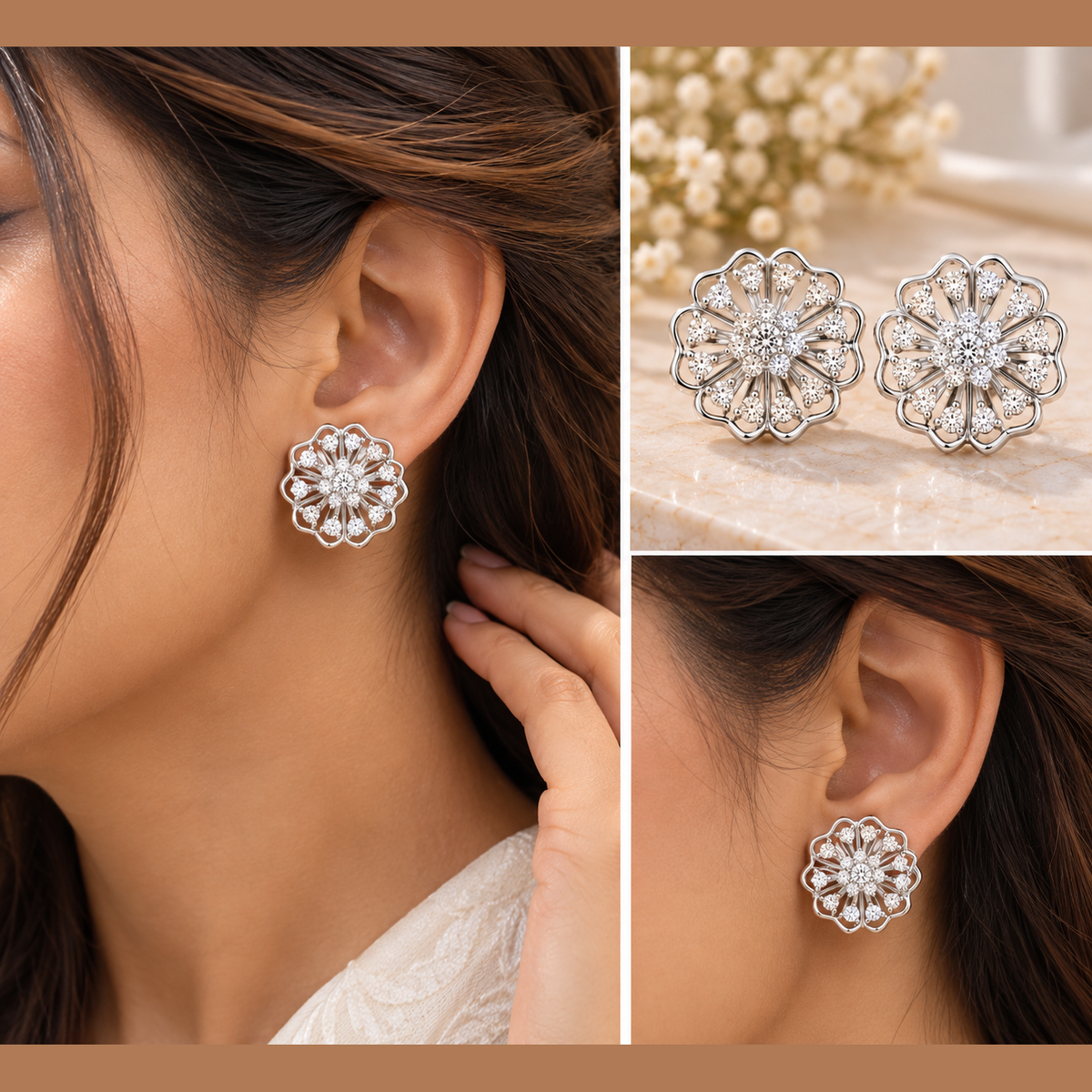 925 sterling silver floral stud earrings worn by a model