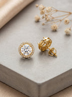 Elegant Gold-Tone Halo Stud Earrings with Round Cut Crystal