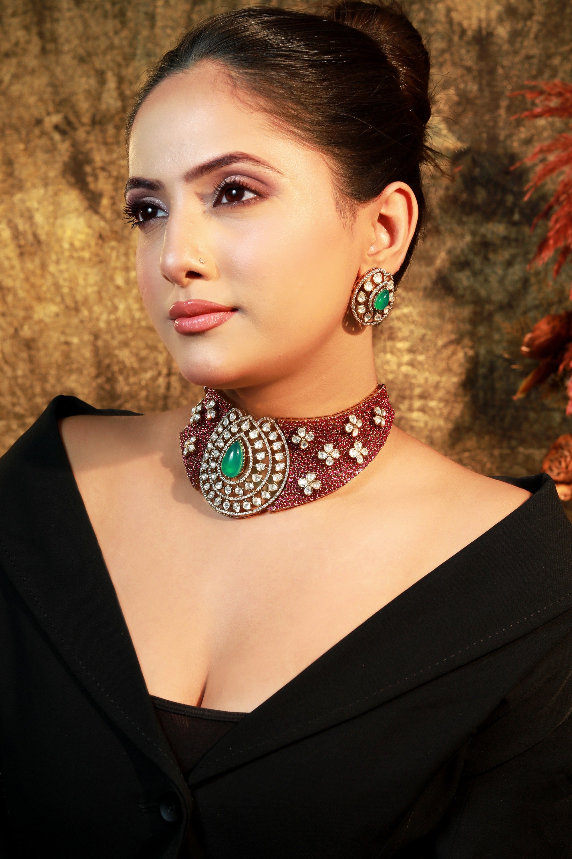 Ruby kundan choker necklace set with emerald green teardrop stone and matching earrings – bridal Indian jewellery.”