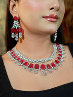 Ruby and CZ diamond choker necklace set with matching dangling earrings in silver finish – bridal and party wear jewelry”