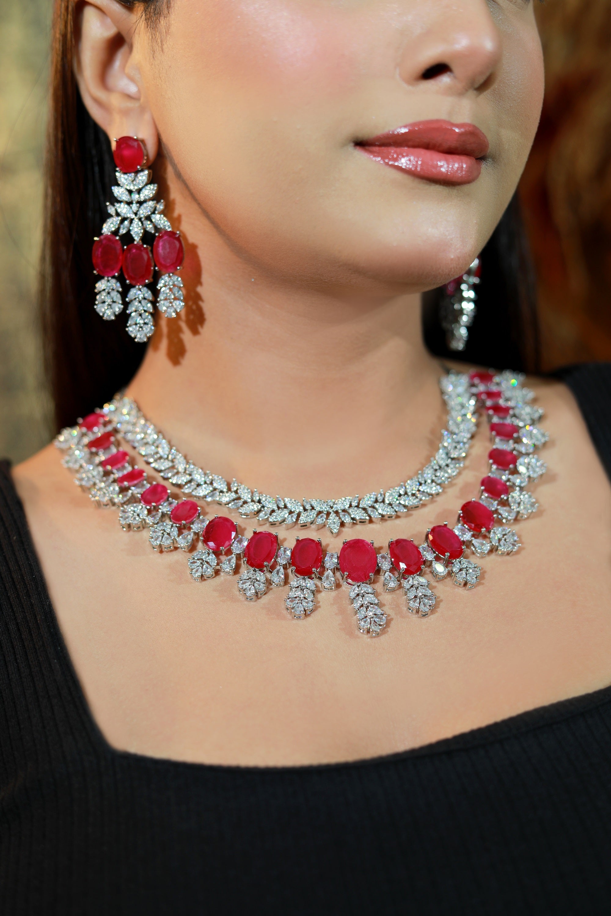 Ruby and CZ diamond choker necklace set with matching dangling earrings in silver finish – bridal and party wear jewelry”
