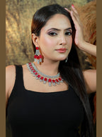 Ruby and CZ diamond choker necklace set with matching dangling earrings in silver finish – bridal and party wear jewelry”