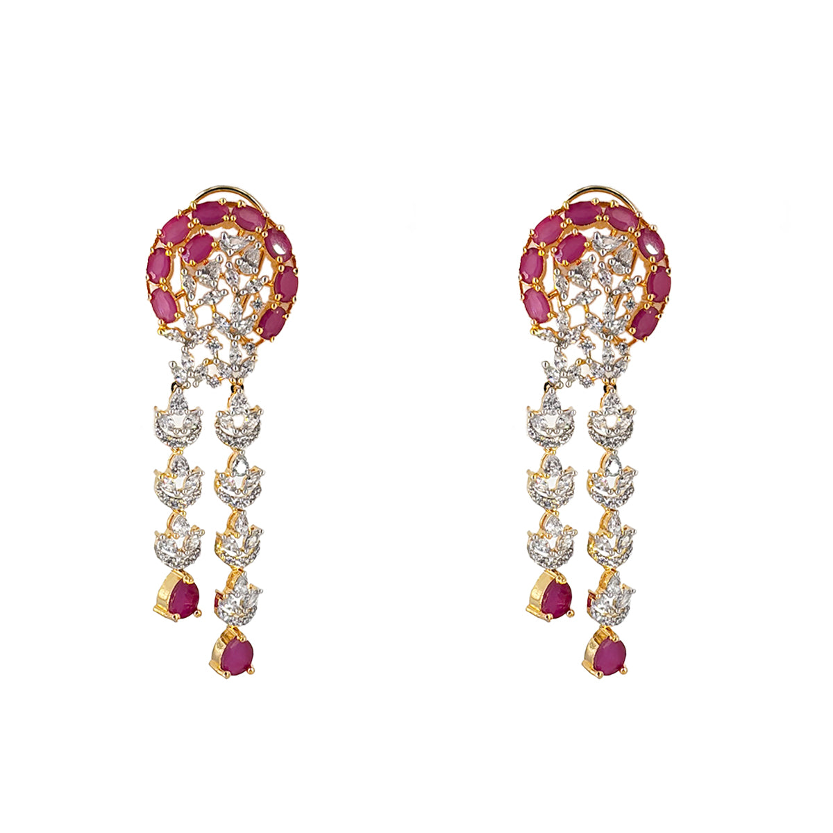 “Gold-plated triple-layer ruby necklace set with CZ floral stones and matching long earrings.”