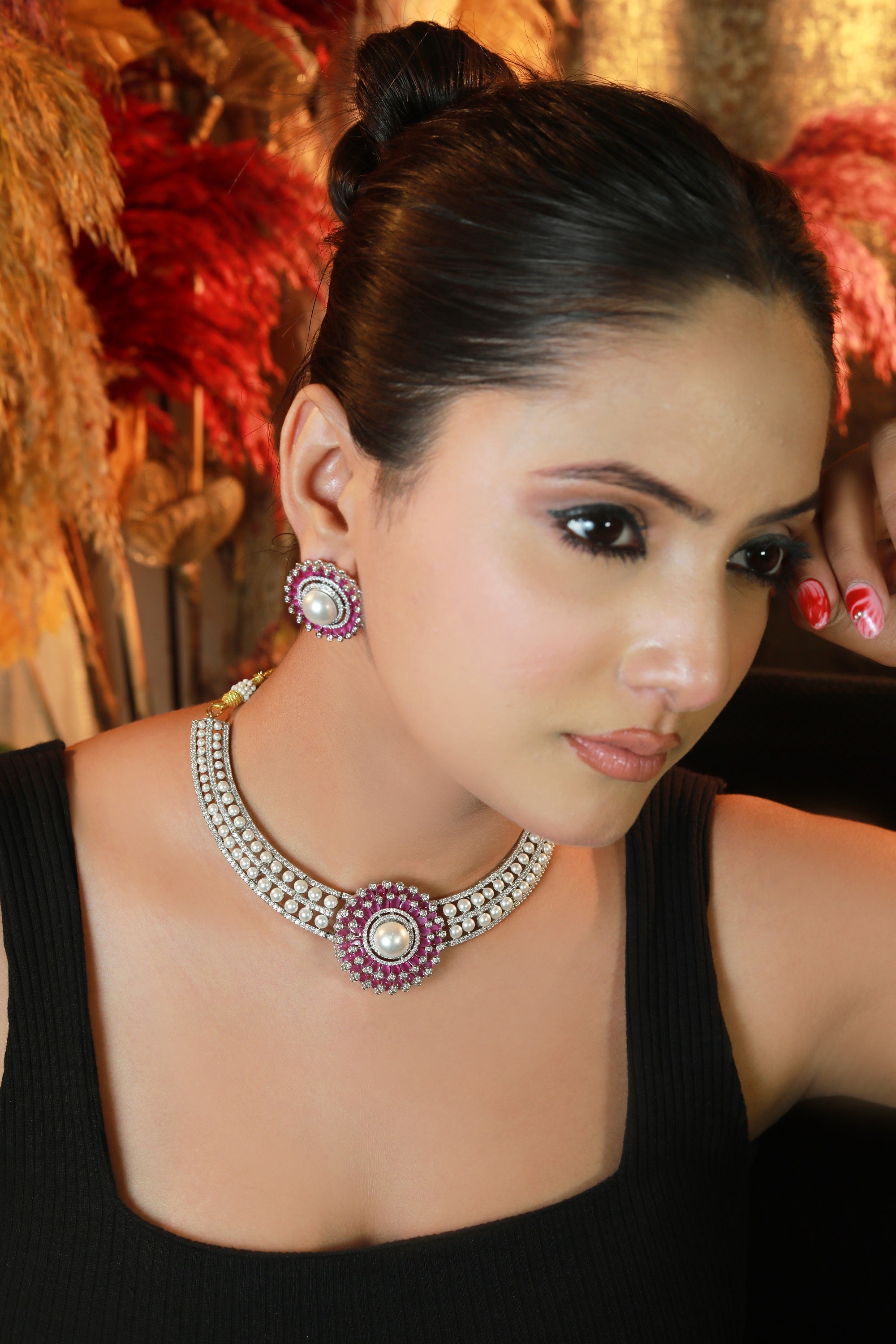 “Pink pearl halo choker necklace with matching earrings – Damani Jewels”