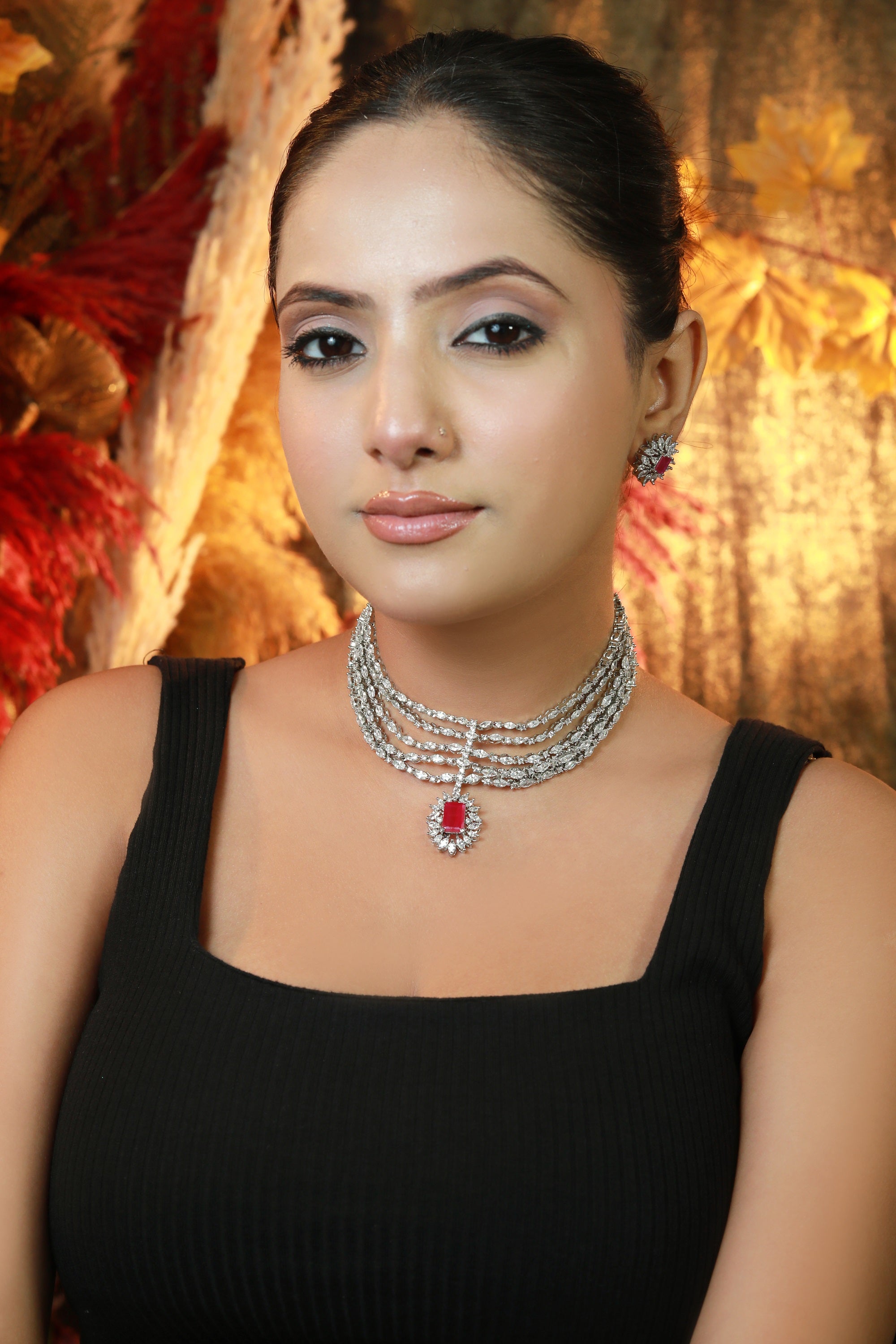 "Royal ruby and CZ multi-layered bridal necklace set with matching earrings – Damani Jewels"