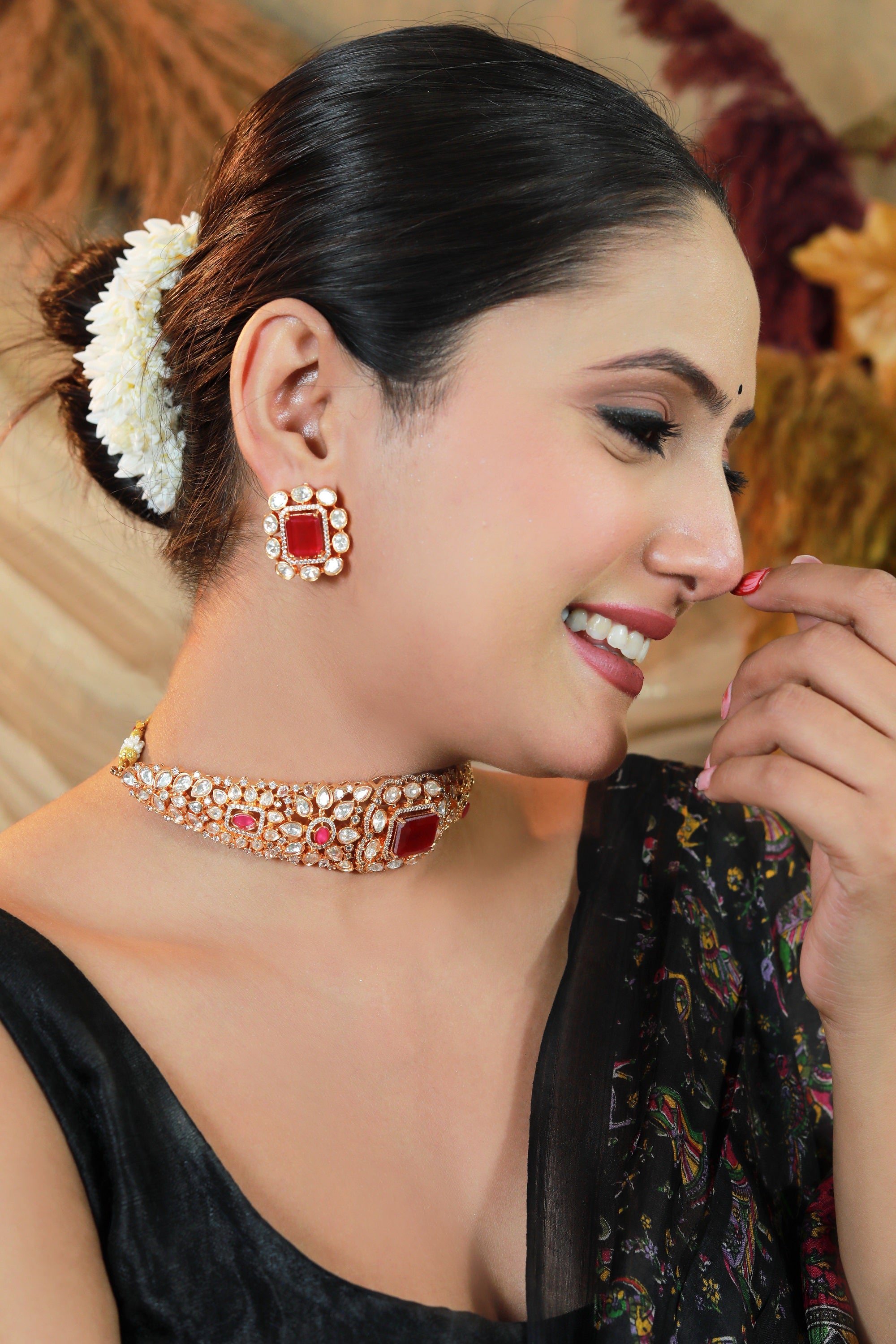 “Gold-plated ruby kundan choker with matching earrings – Damani Jewels”
