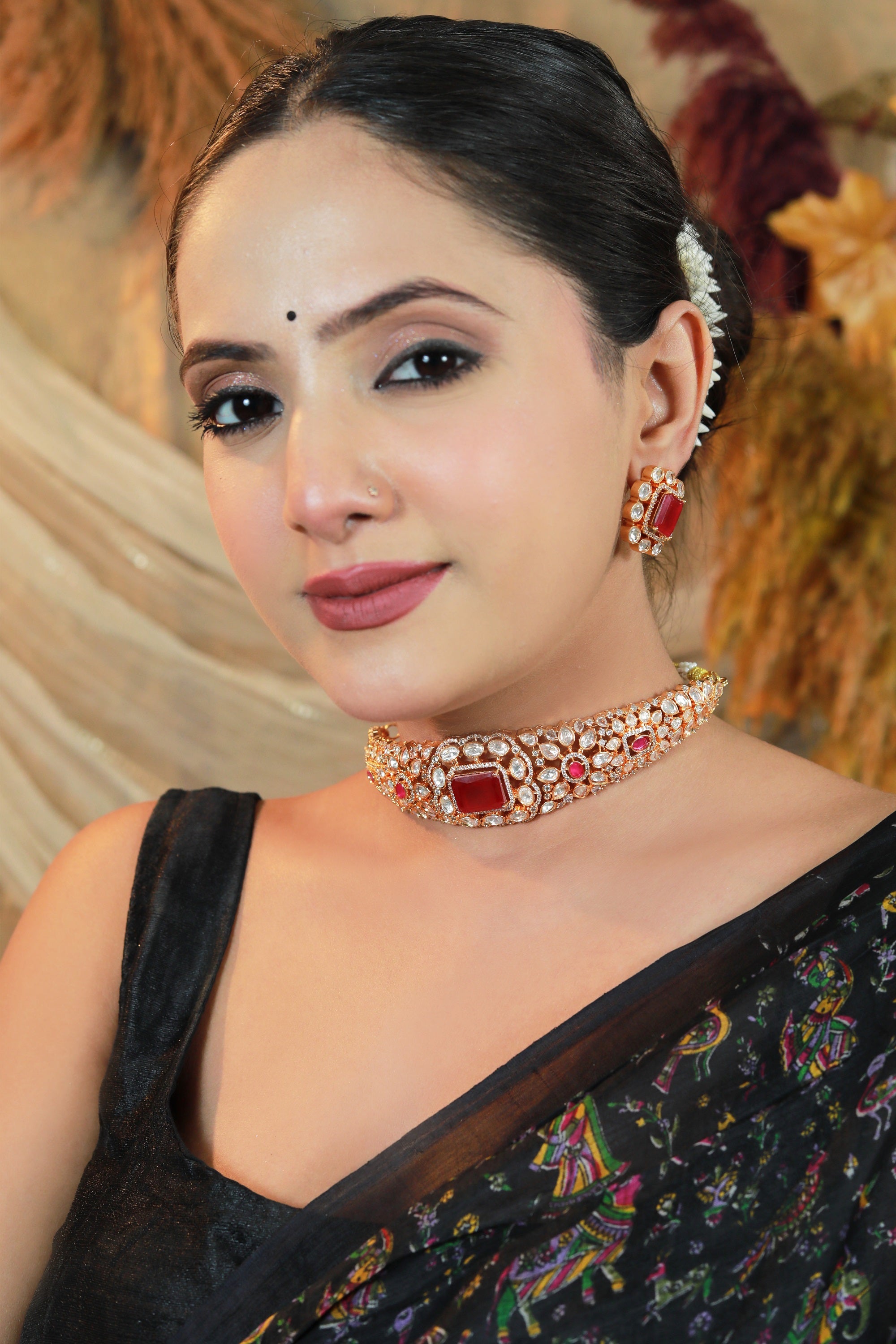 “Gold-plated ruby kundan choker with matching earrings – Damani Jewels”