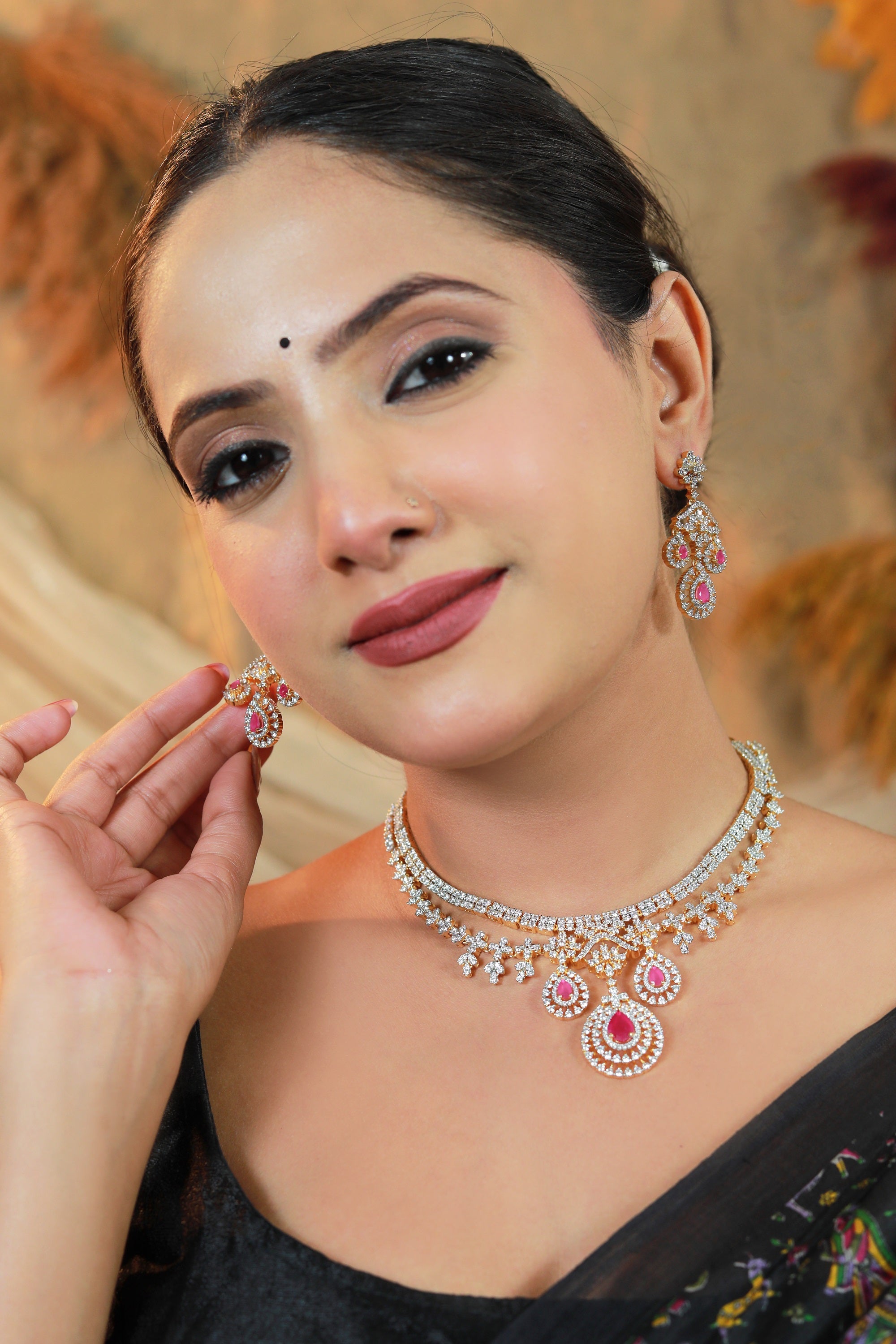 Front view of ruby bridal necklace set with AD stones – Damani Jewels