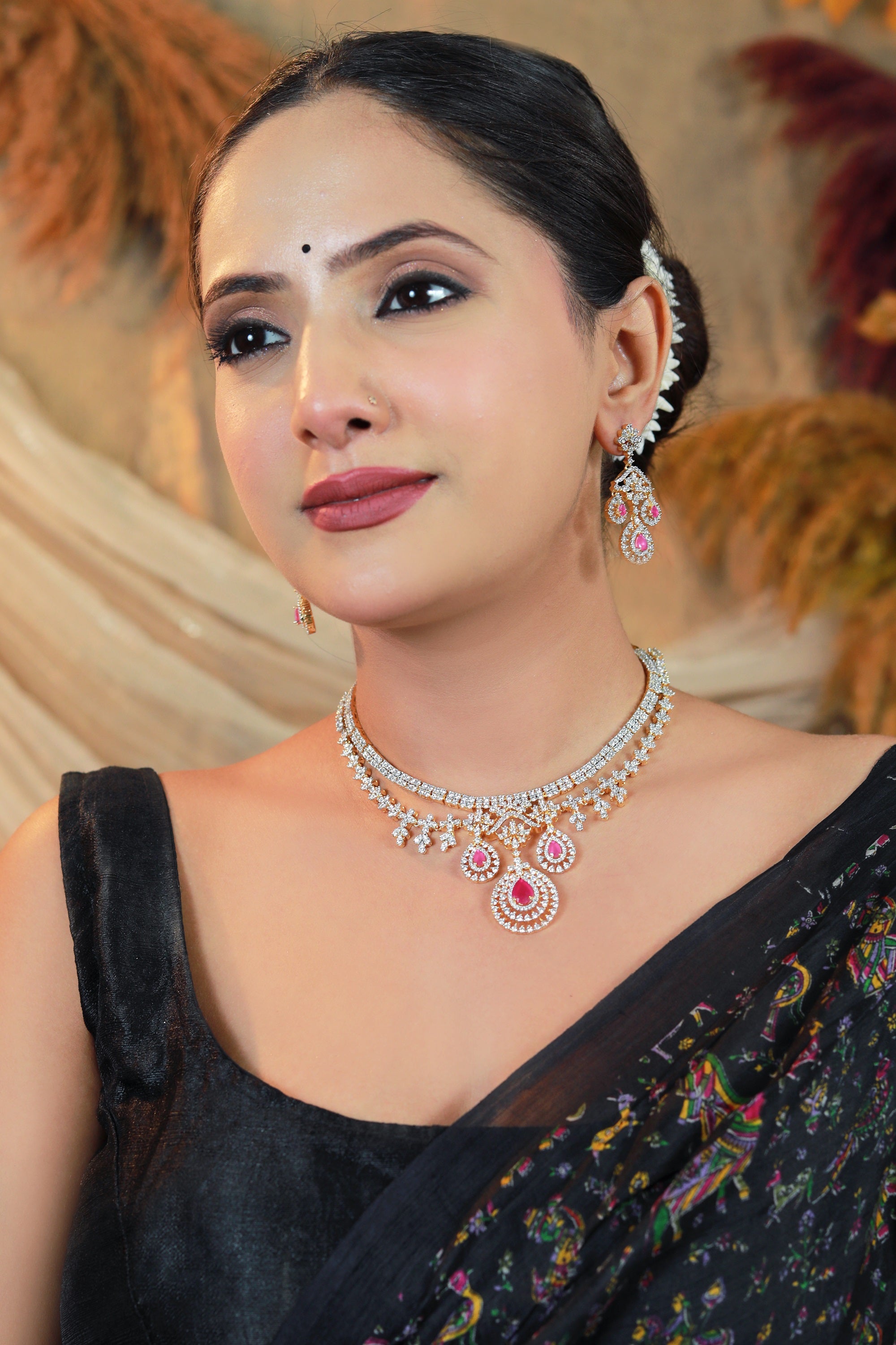 Front view of ruby bridal necklace set with AD stones – Damani Jewels
