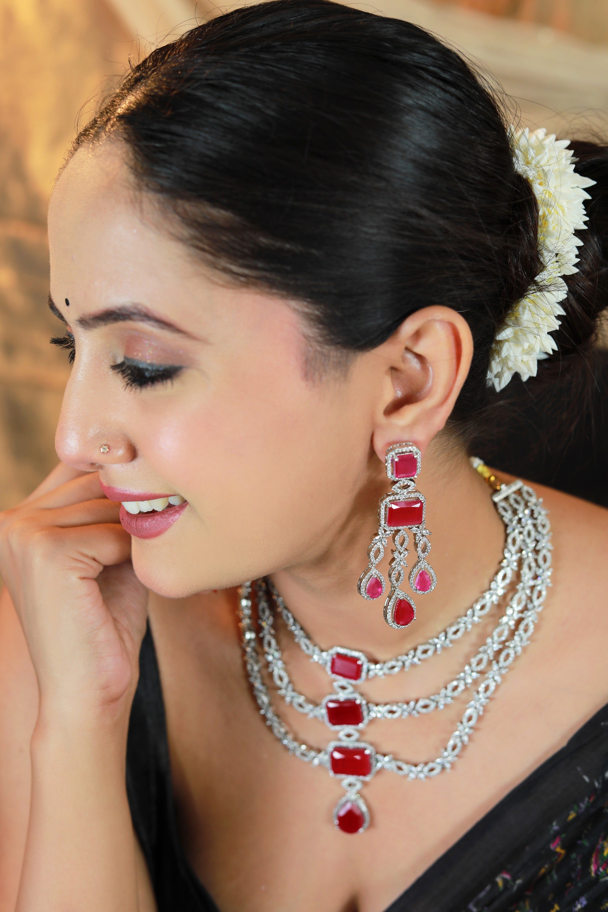 Silver triple-layer ruby stone necklace set with matching earrings – Damani Jewels