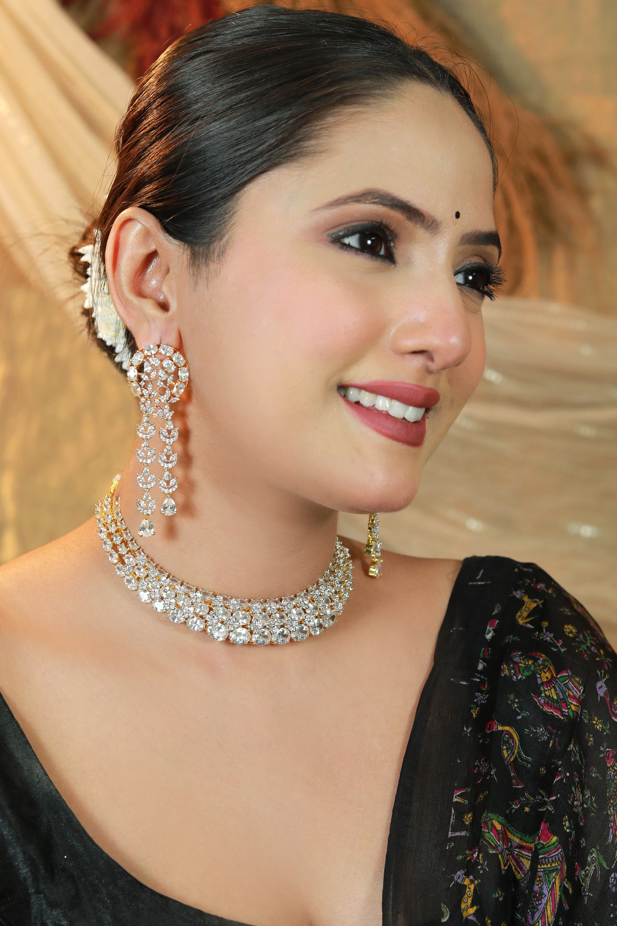 Damani Jewels bridal CZ stone choker necklace and earrings set – gold plated diamond look jewellery