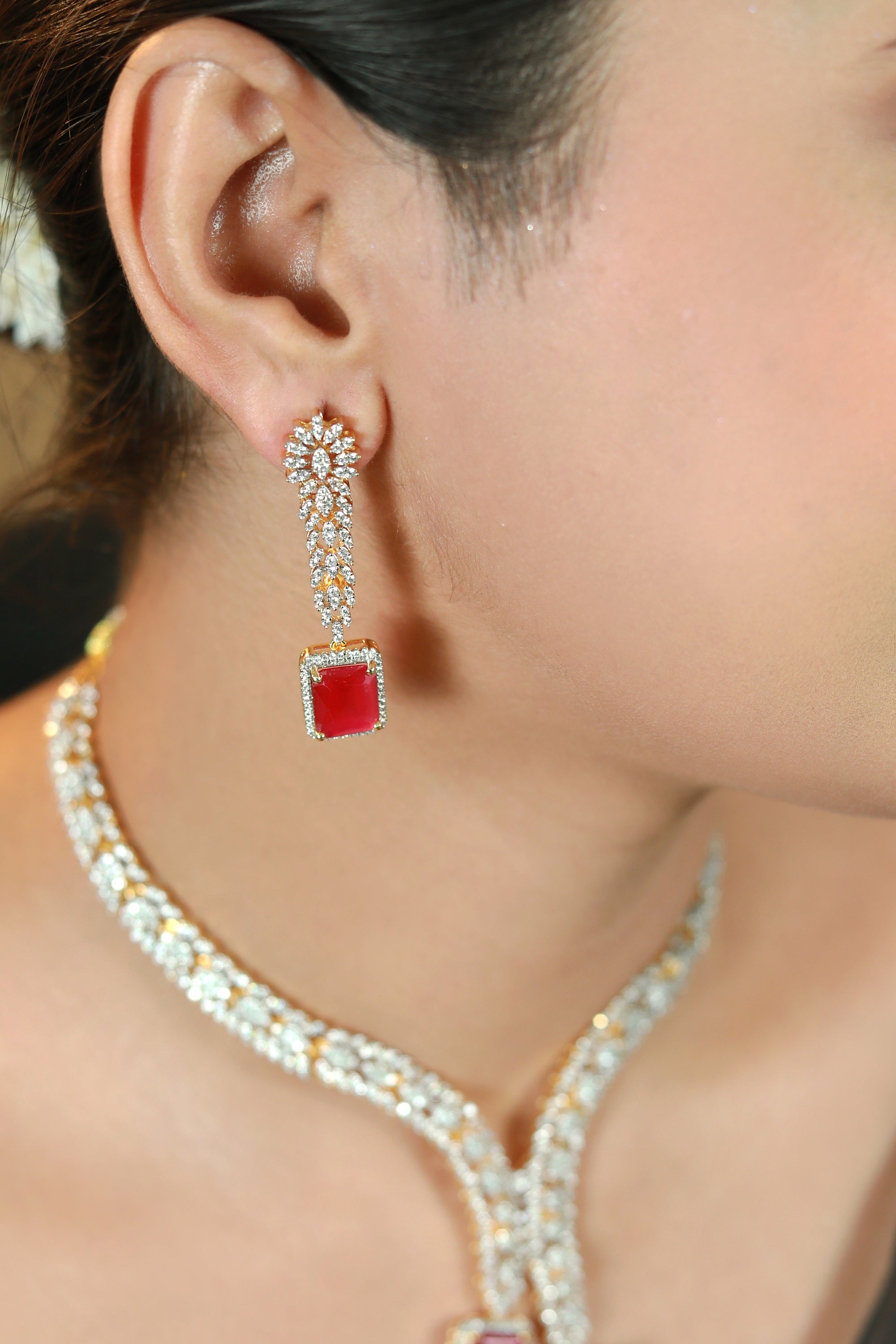 Damani Jewels Ruby Red CZ Stone Necklace & Earrings Set | Gold-Plated V-Shape Bridal Jewellery | Party & Reception Wear Necklace Set