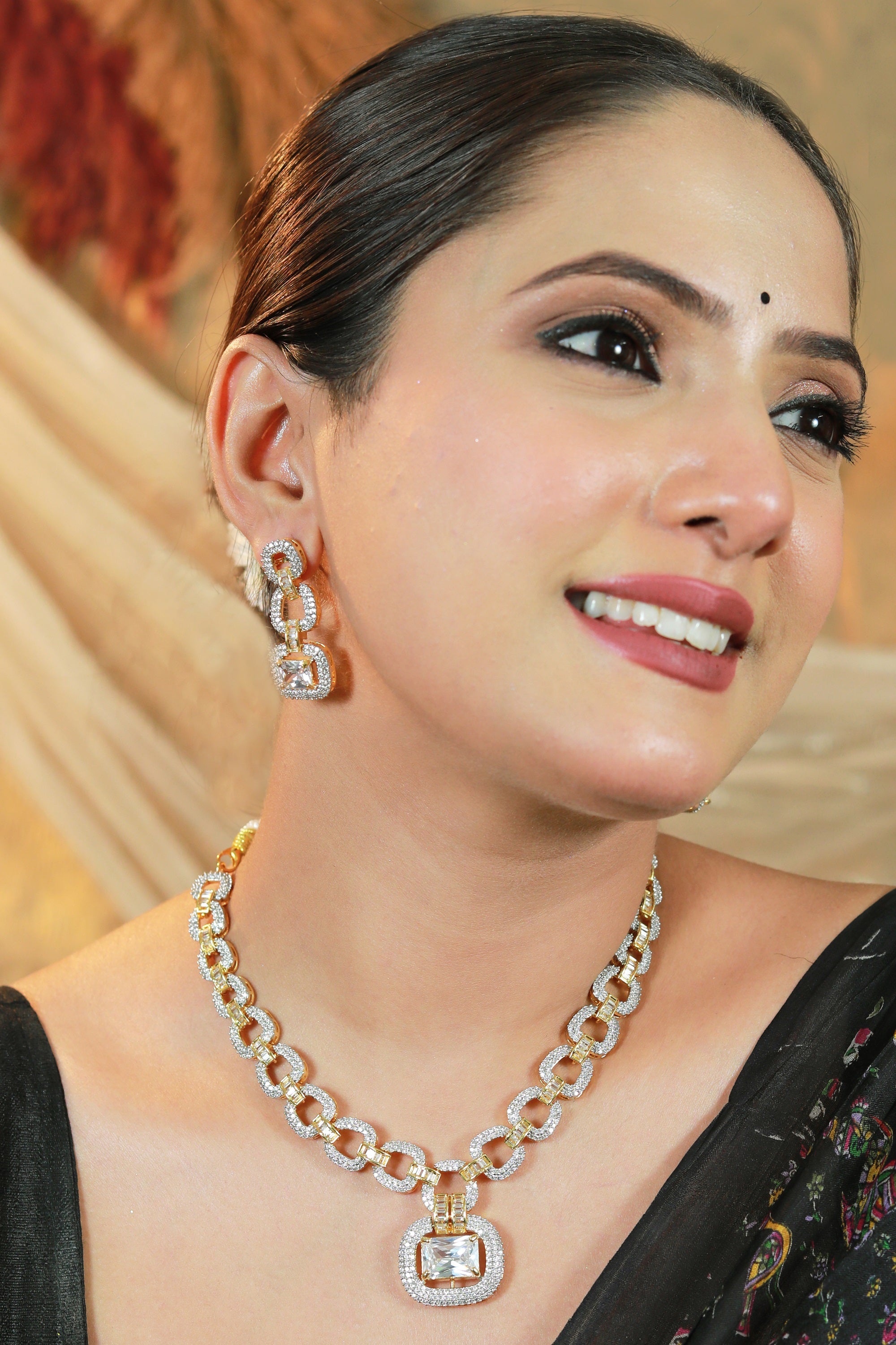 Damani Jewels gold-plated chain link necklace with CZ pendant and matching earrings – luxury bridal jewellery set