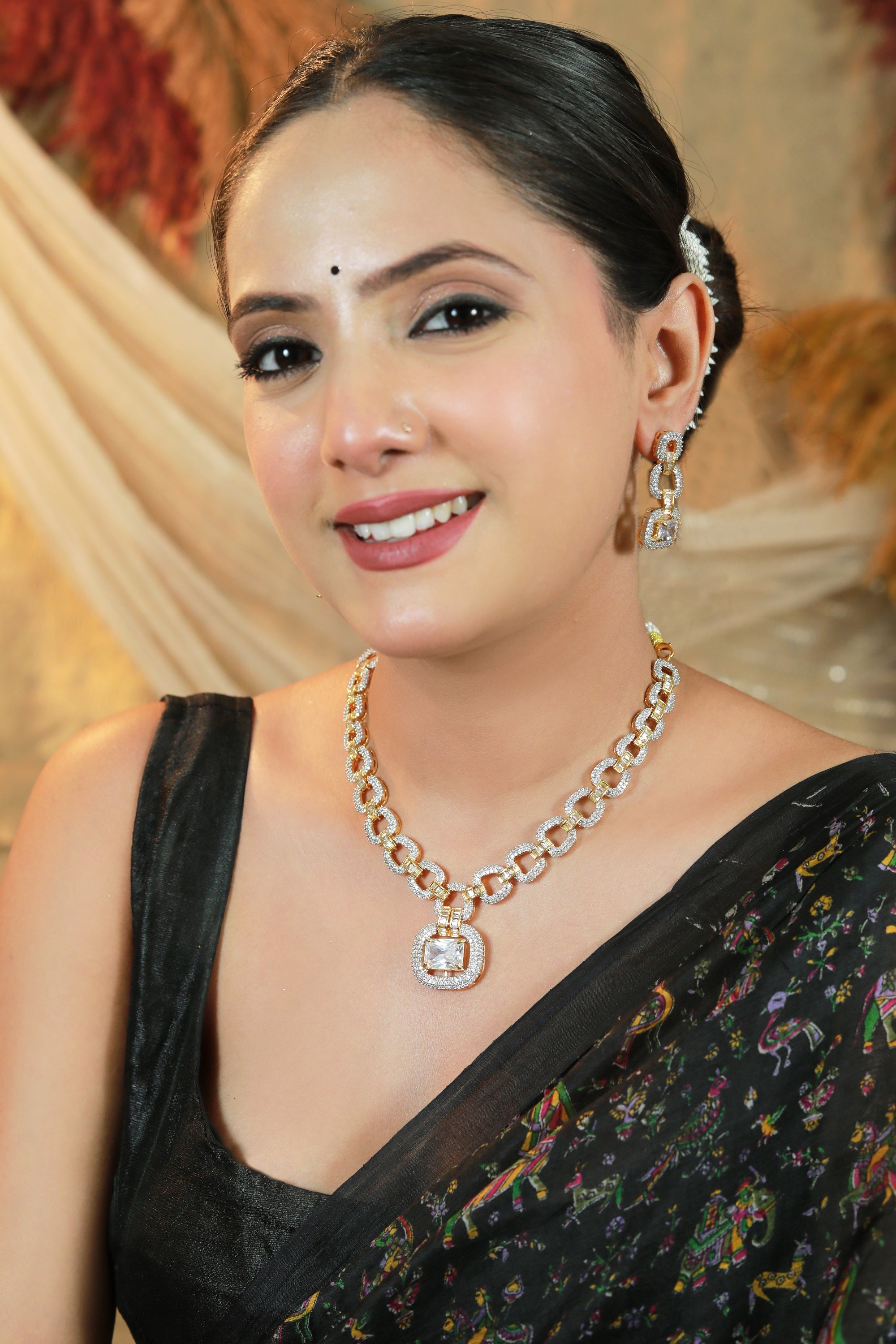 Damani Jewels gold-plated chain link necklace with CZ pendant and matching earrings – luxury bridal jewellery set