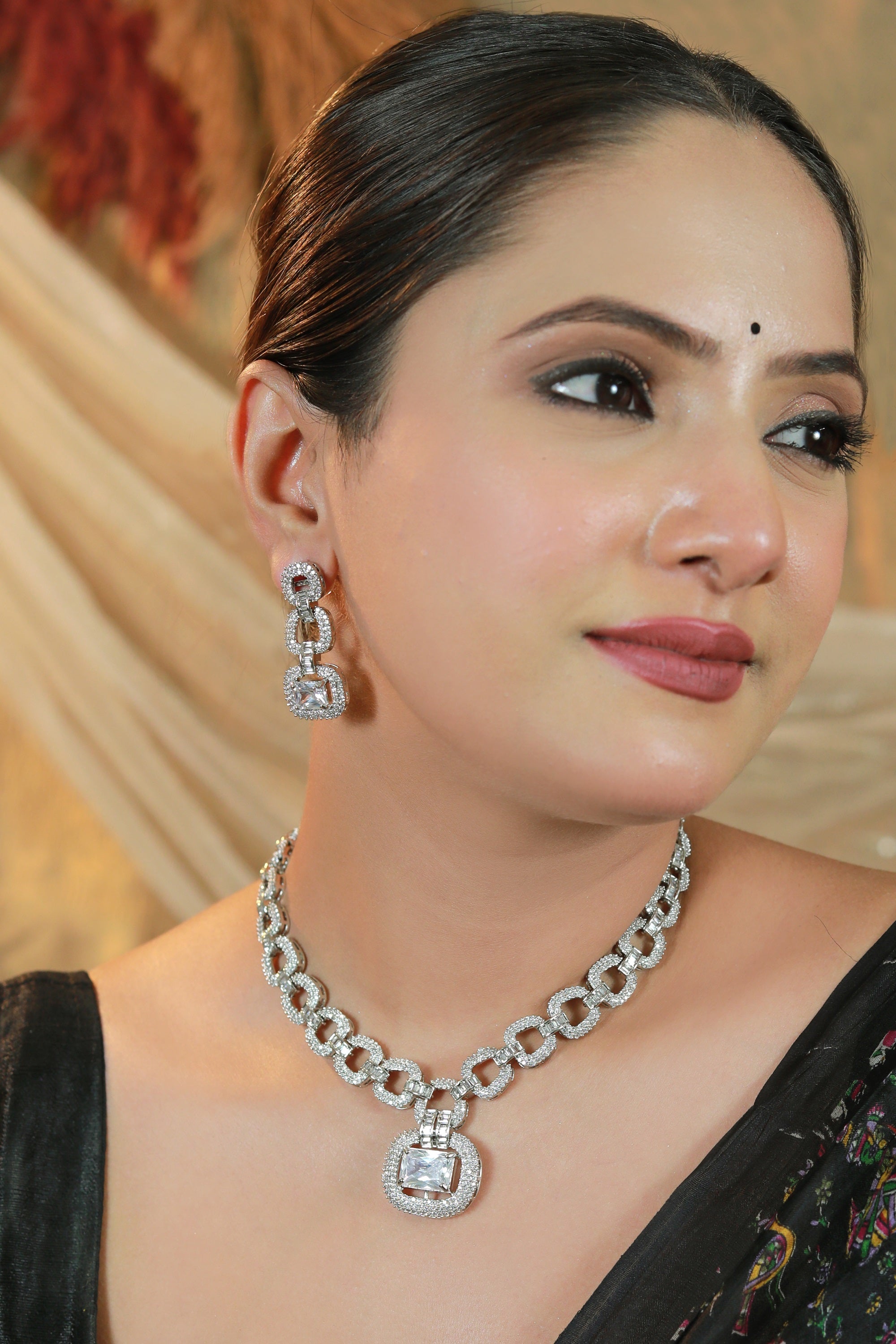 Damani Jewels Gold-Plated CZ Chain Link Necklace Set | Diamond Look Pendant with Earrings | Luxury Bridal & Party Wear Jewellery