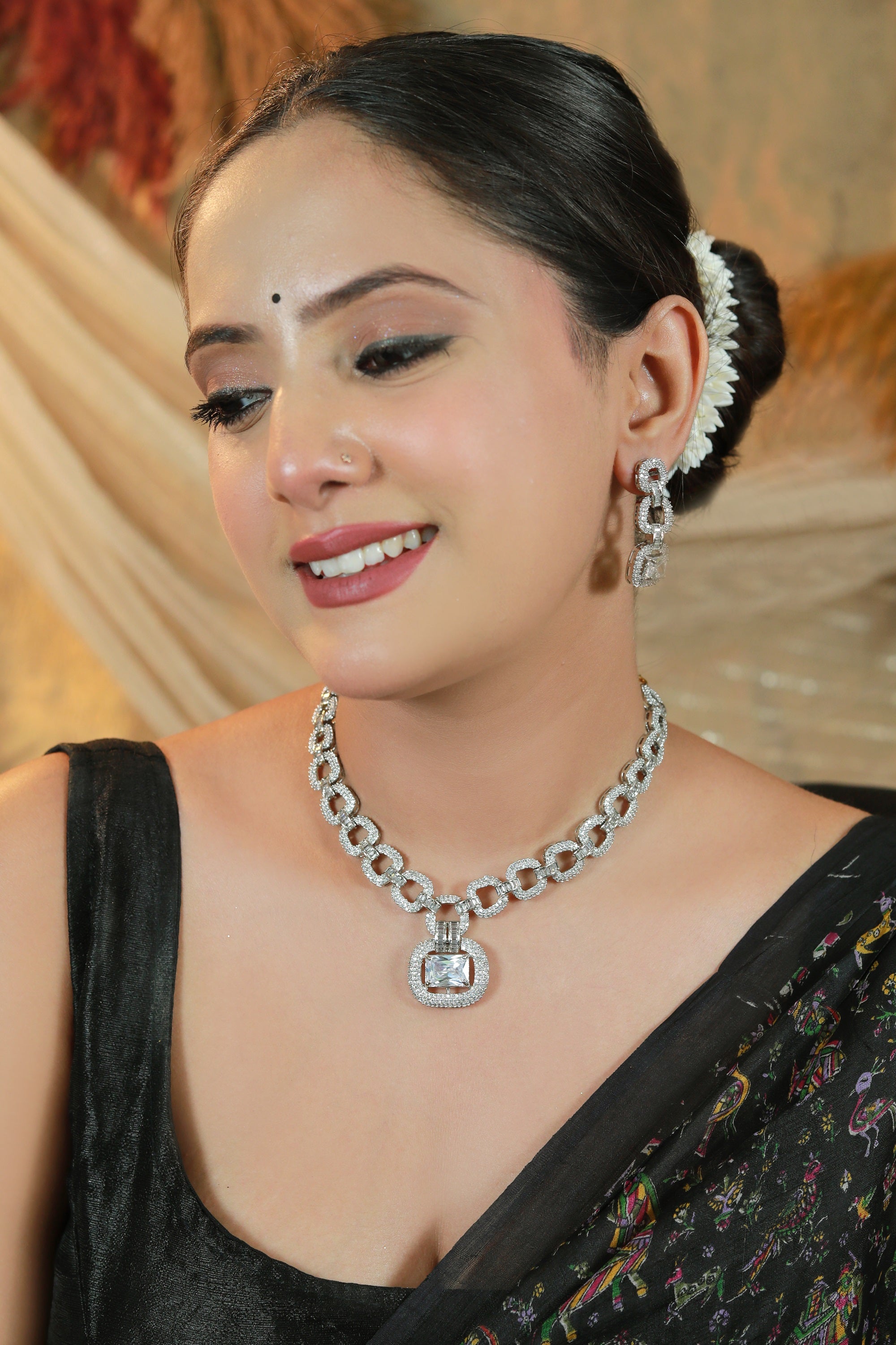 Damani Jewels Gold-Plated CZ Chain Link Necklace Set | Diamond Look Pendant with Earrings | Luxury Bridal & Party Wear Jewellery