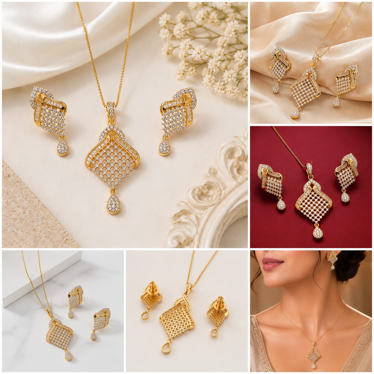Damani Jewels Gold Plated Designer American Diamond Pendant Set for Women | Geometric CZ Necklace with Matching Drop Earrings | Wedding & Party Jewellery