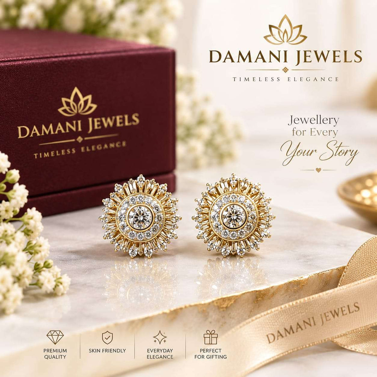 Gold-Tone Sunburst Crystal Stud Earrings | Damani Jewels