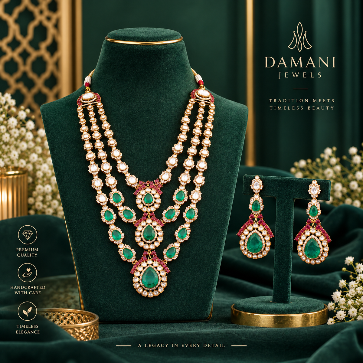 Damani Jewels emerald green Kundan bridal necklace set