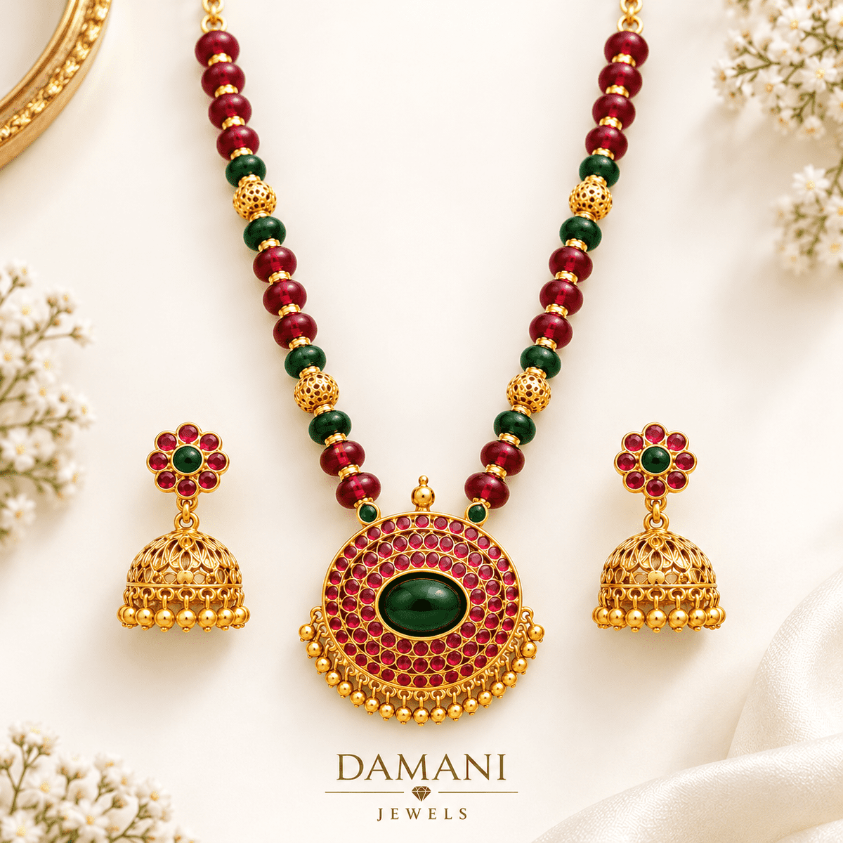 Traditional Red & Green Beaded Necklace Set with Jhumka Earrings | Damani Jewels