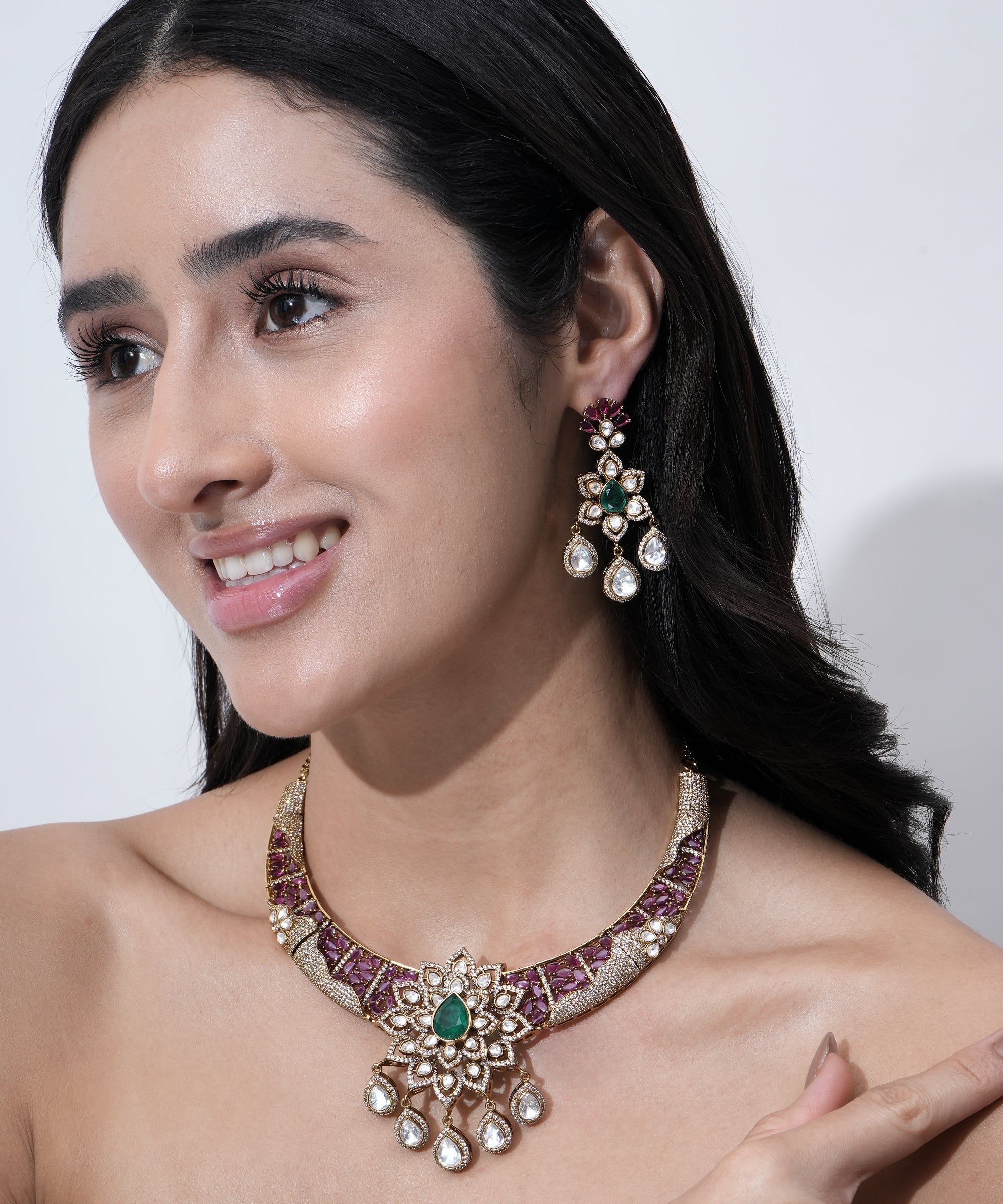 Damani Jewels ruby green American diamond choker necklace set