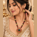 Traditional Red & Green Beaded Necklace Set with Jhumka Earrings | Damani Jewels