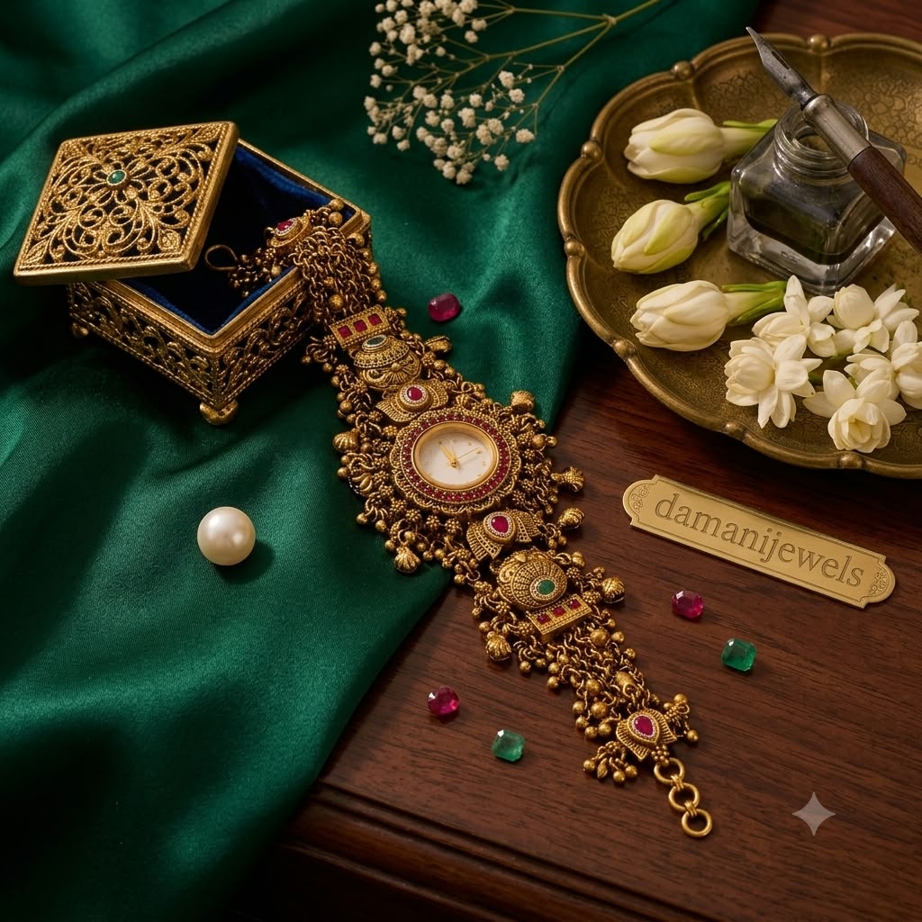 Antique temple watch bracelet with traditional gold-tone design by Damani Jewels
