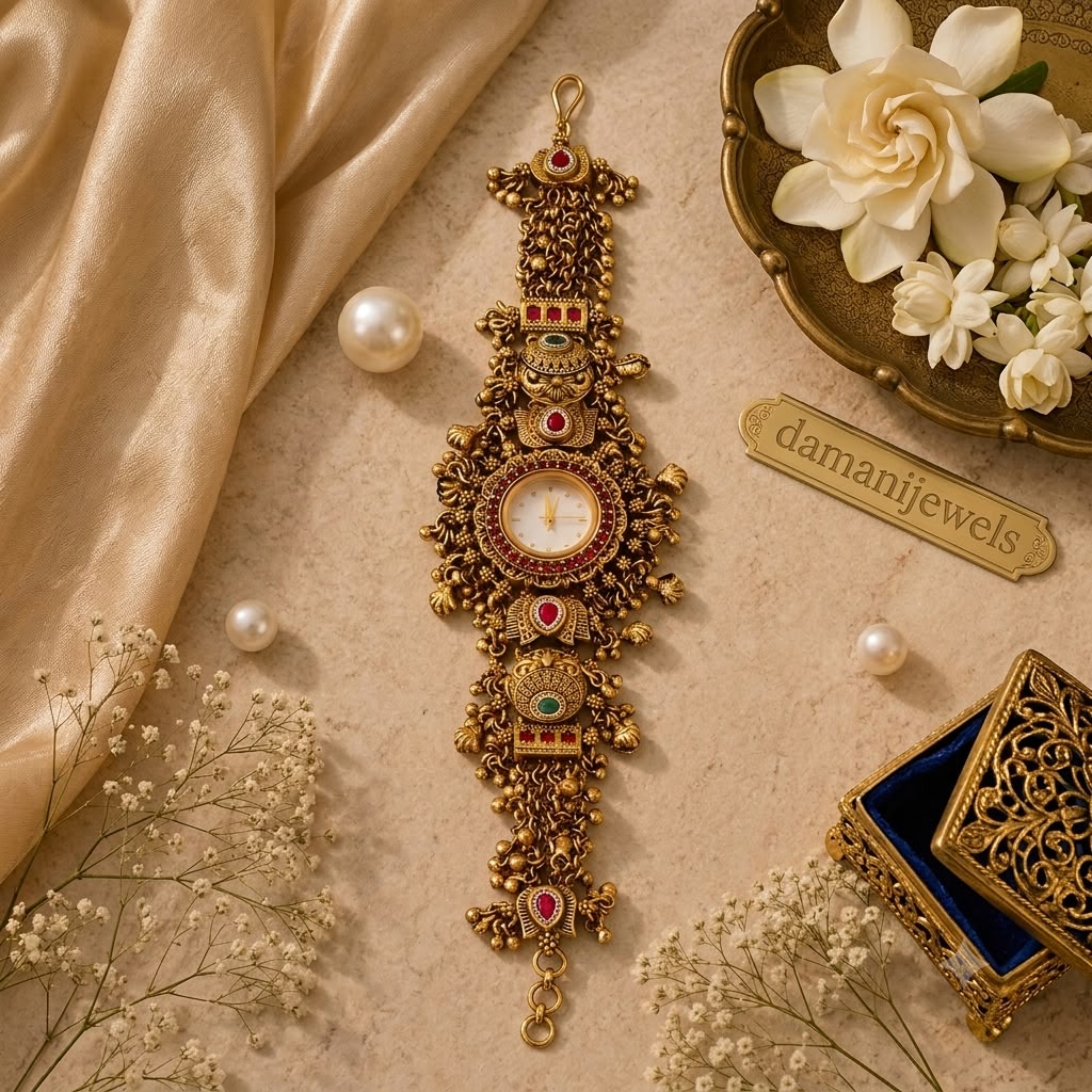 Antique temple watch bracelet with traditional gold-tone design by Damani Jewels