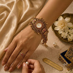 Antique temple watch bracelet with traditional gold-tone design by Damani Jewels