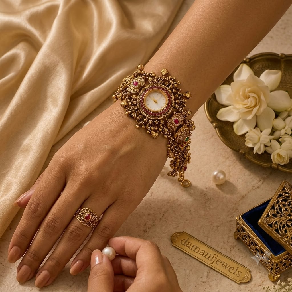 Antique temple watch bracelet with traditional gold-tone design by Damani Jewels
