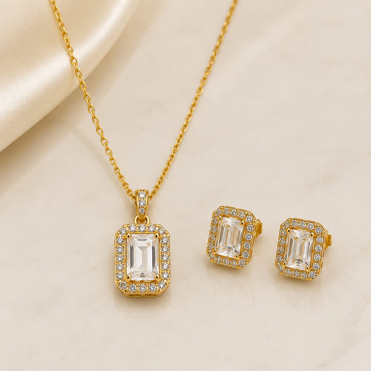 Gold-Plated Baguette Cut Crystal Pendant & Earrings Set