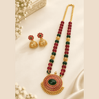 Traditional Red & Green Beaded Necklace Set with Jhumka Earrings | Damani Jewels