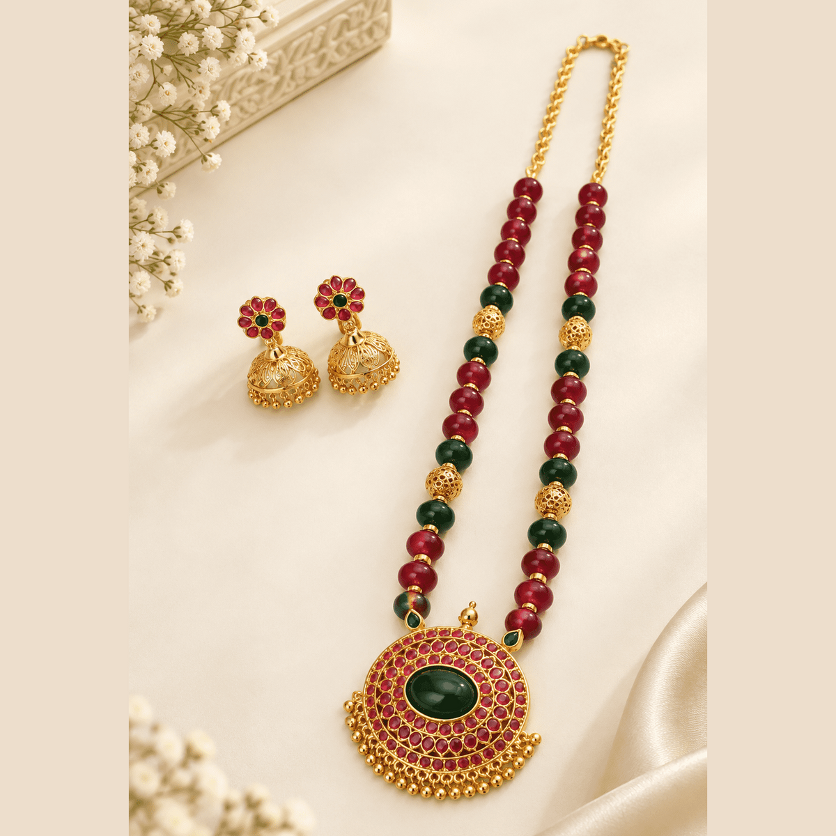 Traditional Red & Green Beaded Necklace Set with Jhumka Earrings | Damani Jewels