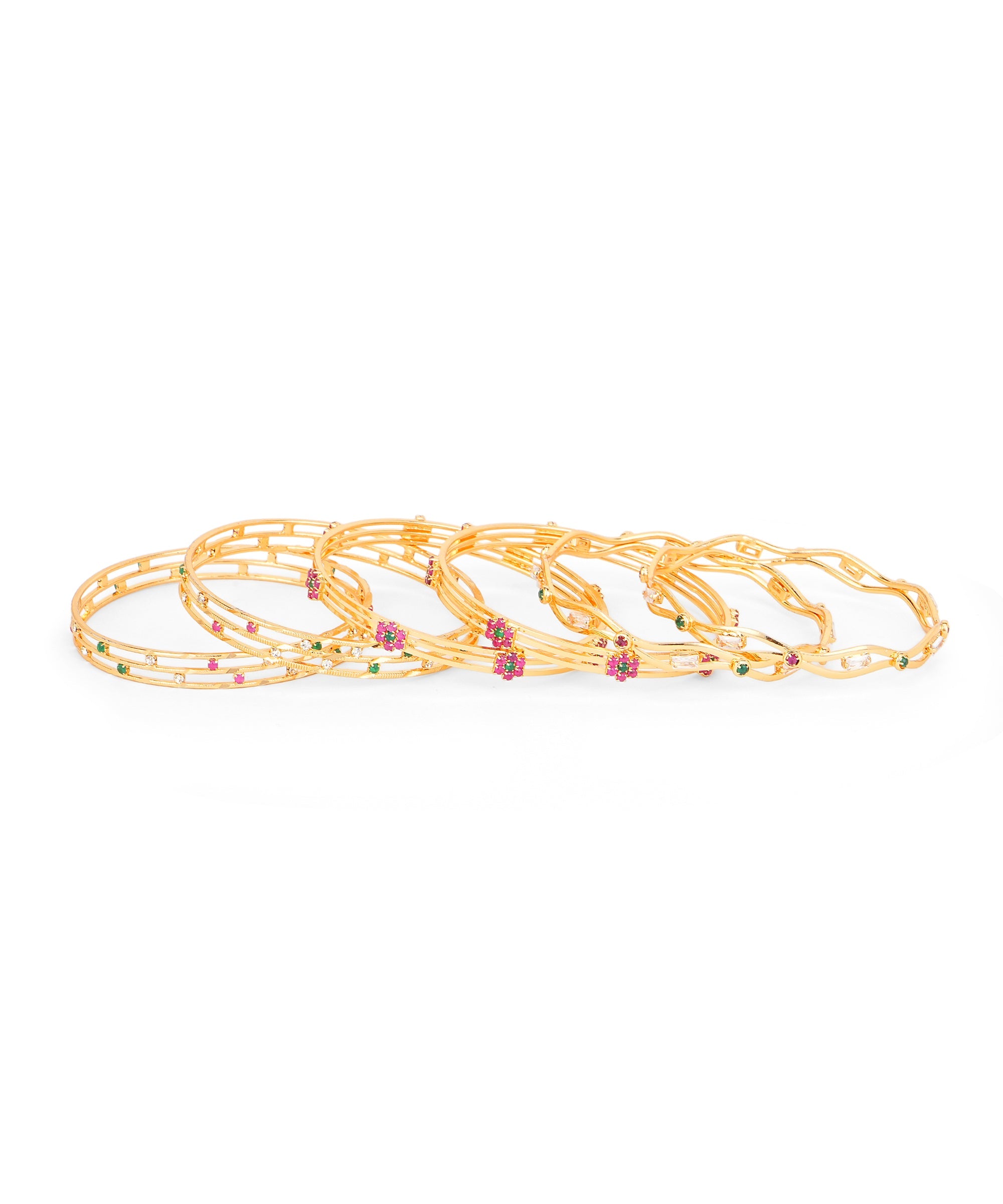 Designer Gold-Plated Multicolor Stone Bangle Set for Women | Traditional Stackable Bangles (Set of 6)
