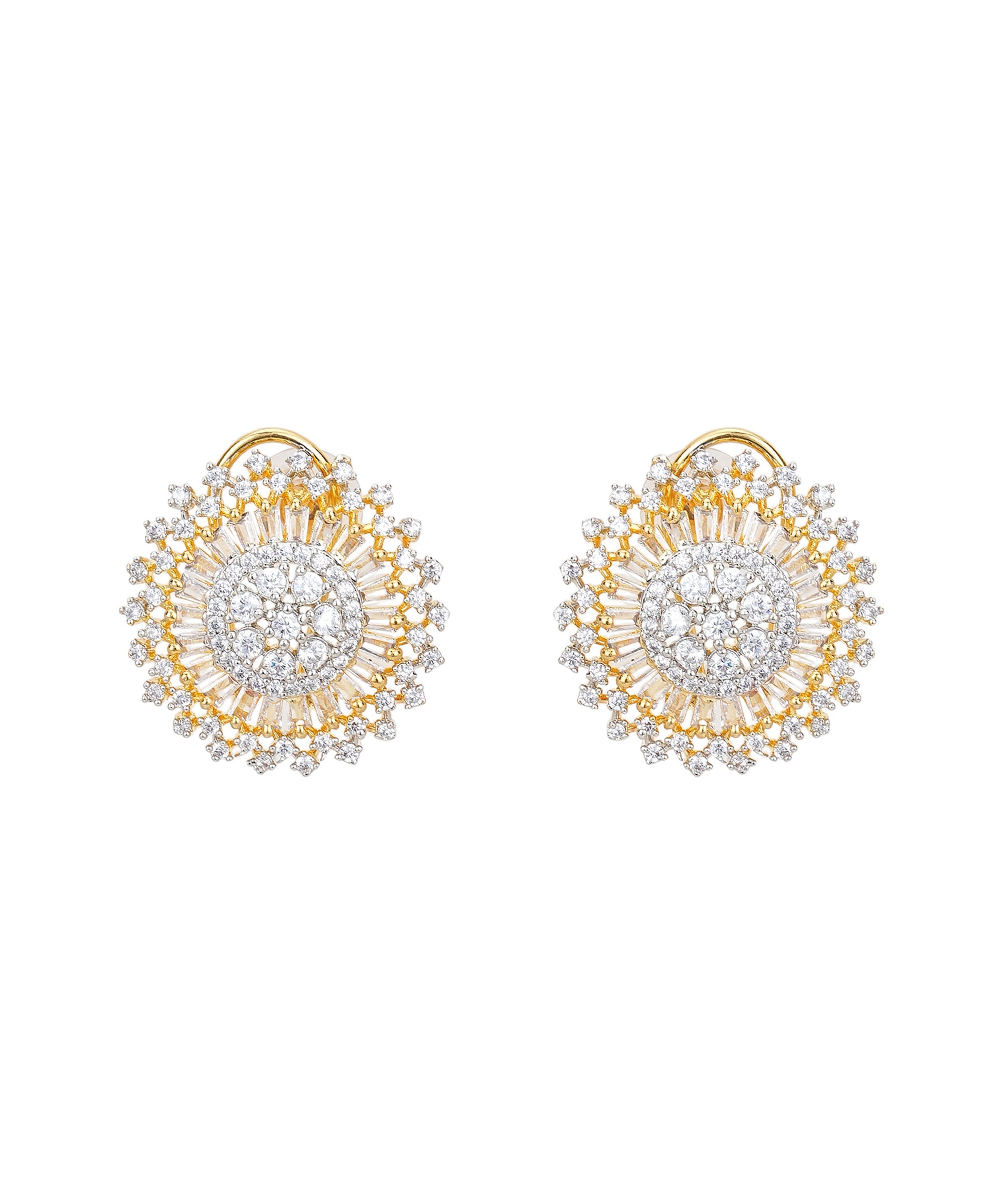 Sparkling gold-plated stud earrings for women with premium American Diamond embellishments.