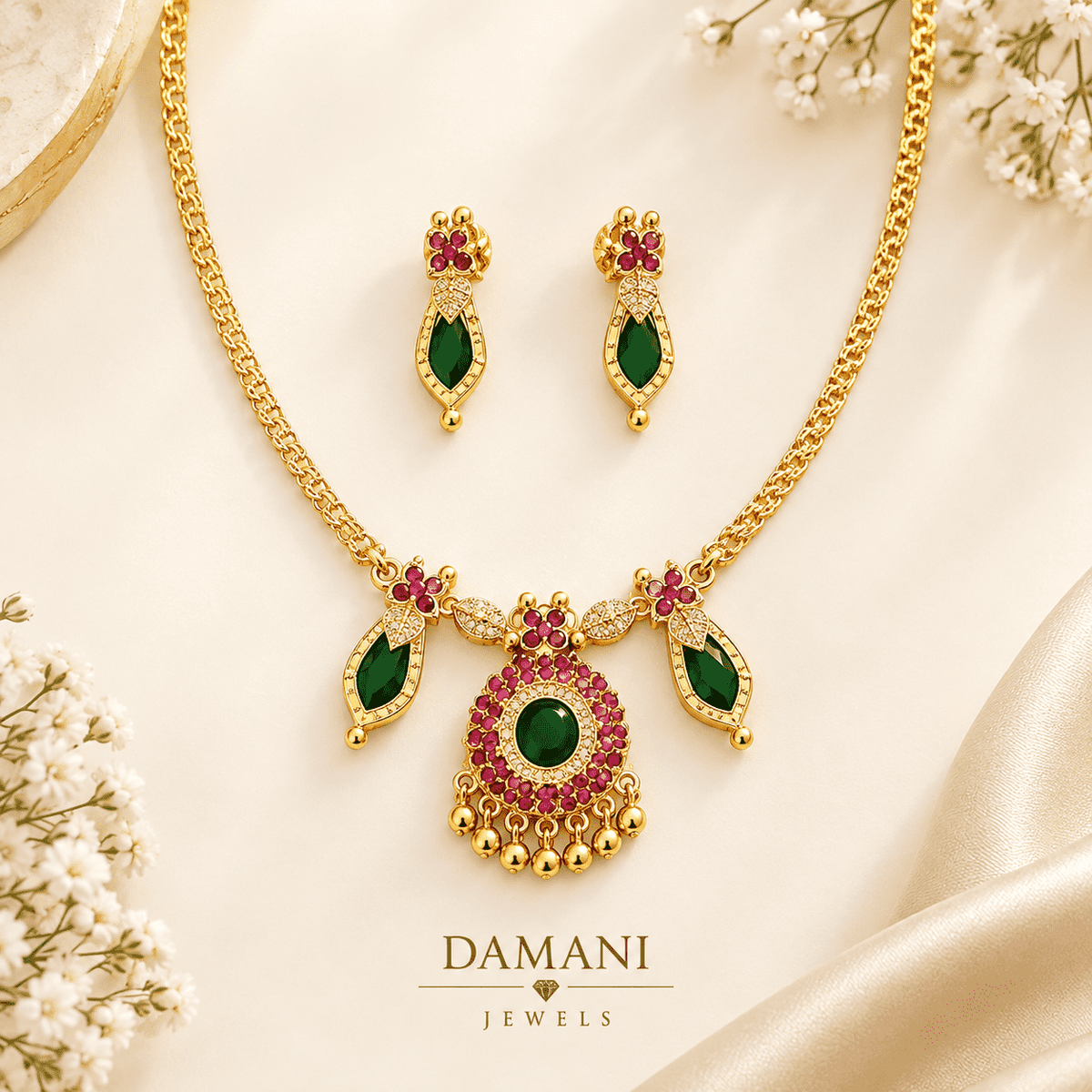 Green & Pink Traditional Necklace Set with Earrings | Damani Jewels
