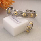 Damani Jewels Dual Tone Designer Open Cuff Bracelet & Adjustable Ring Set for Women | Crystal Statement Jewelry