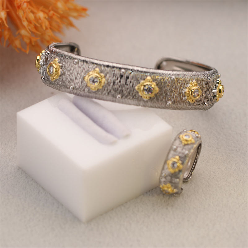 Damani Jewels Dual Tone Designer Open Cuff Bracelet & Adjustable Ring Set for Women | Crystal Statement Jewelry