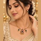 Green & Pink Traditional Necklace Set with Earrings | Damani Jewels