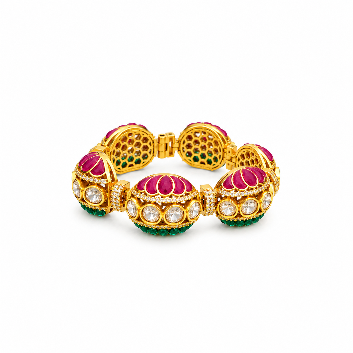 Multicolor moissanite gold bracelet with green and magenta gemstone accents