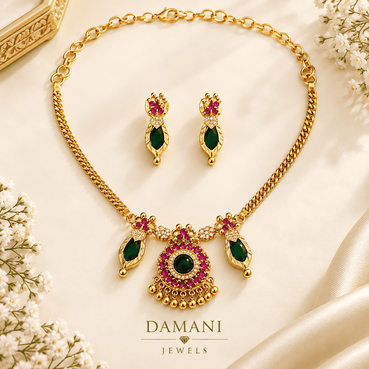 Green & Pink Traditional Necklace Set with Earrings | Damani Jewels