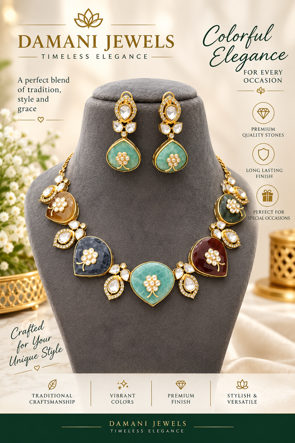 Multicolor traditional Indian necklace set with green, blue and burgundy stones