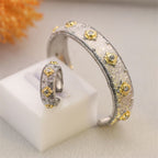 Damani Jewels Dual Tone Designer Open Cuff Bracelet & Adjustable Ring Set for Women | Crystal Statement Jewelry