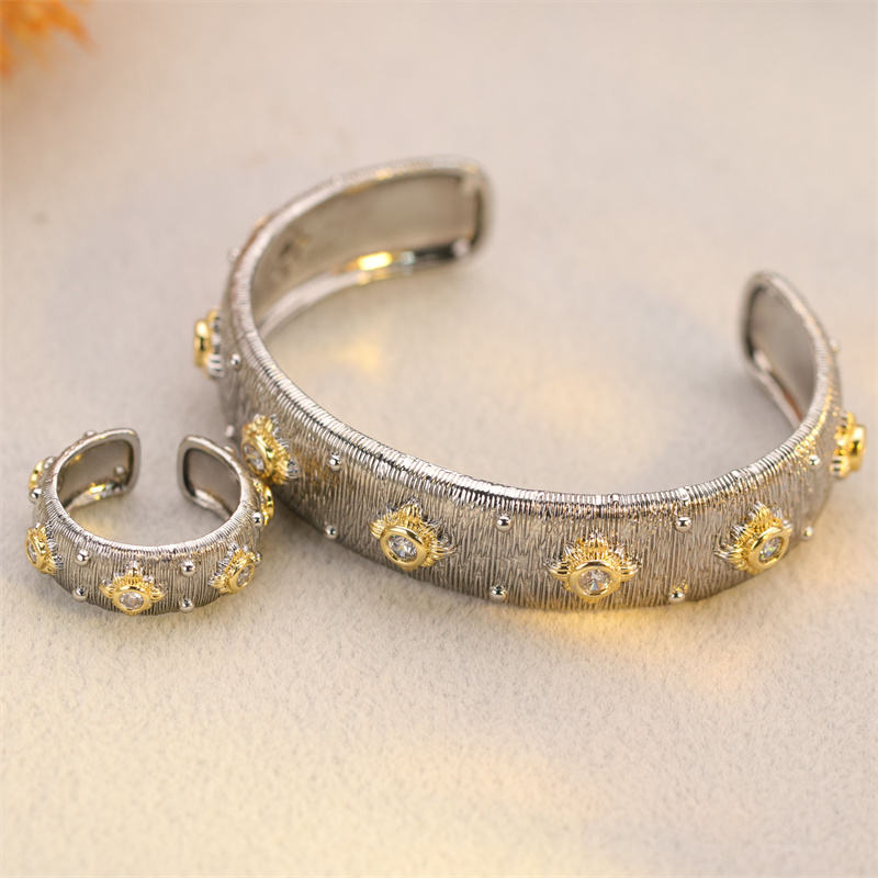 Damani Jewels Dual Tone Designer Open Cuff Bracelet & Adjustable Ring Set for Women | Crystal Statement Jewelry